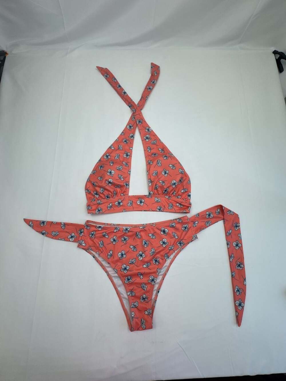 Romwe Ribbed Floral Print Halter Two-Piece Bikini Set